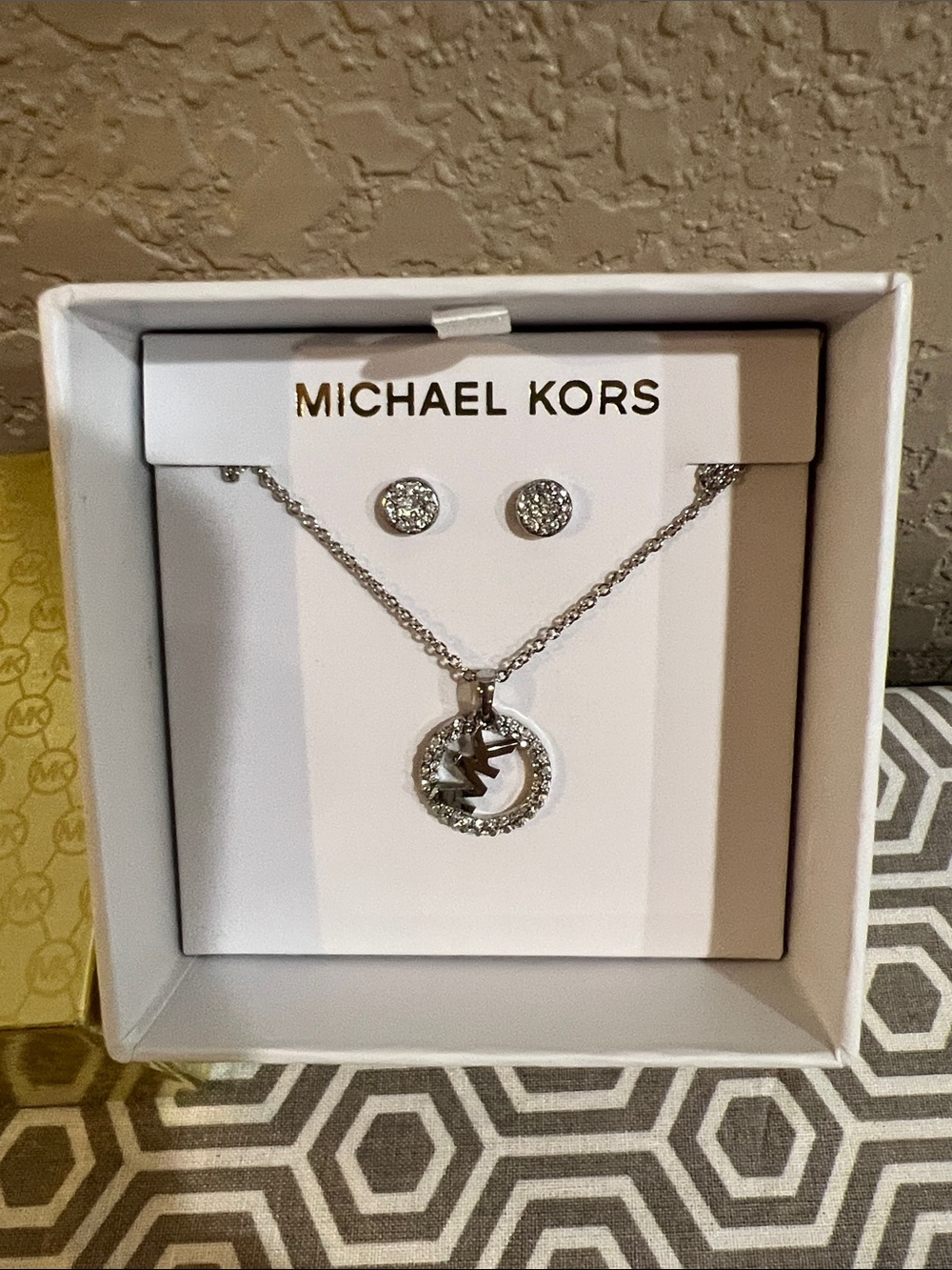 Michael Kors Silver Pavé MK Circle Pendant Necklace with Studs